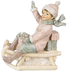 Clayre & Eef Rózsaszín ruhás kisfiú szánon - 10x5x10cm - Karácsonyi dekoráció