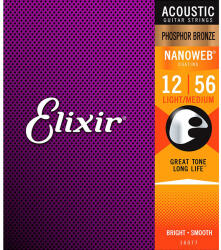 Elixir 16077 NANOWEB Light/Medium, Струни за акустична китара 12-56, Phosphor Bronze (NWPB12-56A)