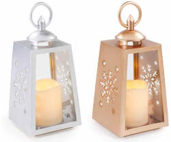 Decorer Set 2 felinare Craciun plastic alb auriu cu led 10x10x22.5 cm (A54.47.56)