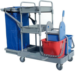 IPC RS StarAce 102 takarítókocsi vastag acél vázzal, 2x15L vödörrel, préssel, eszköz- és 120L-es zsáktartóval 3 szintes