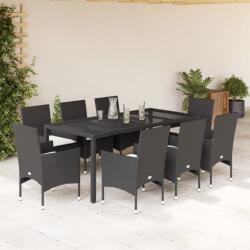 vidaXL 9 részes fekete polyrattan/üveg kerti étkezőgarnitúra párnákkal (3278542)