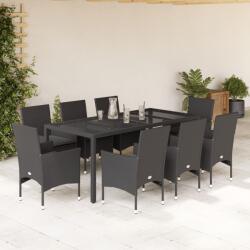 vidaXL 9 részes fekete polyrattan/üveg kerti étkezőgarnitúra párnákkal (3278548)