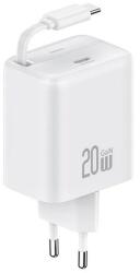 USAMS YC hálózati töltő Type-C aljzat (20W, PD gyorstöltő, GaN + fix, csévélhető Type-C kábel) FEHÉR (CC233TC02) - bluedigital