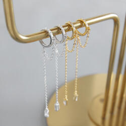 Modart Cercei din argint hoops pe ureche cu lant lung, dama, argint 925/argint 925 placat cu aur, cristale albe, 6, 5 cm, 2, 53 gr (1338)