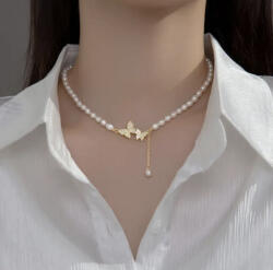 Modart Colier la baza gatului din argint cu perle naturale mici, pandantiv fluturi, argint placat cu aur, shiny butterfly pearls, forma ovala orez, perla 3-4 mm, 35 + 6 cm, 11.03 gr (1452)