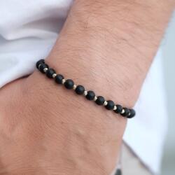 Modart Bratara 10 sfere aur 14k si onix negru natural, bile aur 14k striate, barbat/dama, bilute aur 2 mm, snur gros din matase, piatra naturala onix negru lucios (1485)