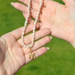 Modart Colier de perle naturale cu initiala din argint, perle ovale, pandantiv litera, argint 925 placat cu aur, bijuterii cu perle pentru femei, lantisor cu nume, perle 4-5 mm, 37+5cm, 17, 76 gr (1356)