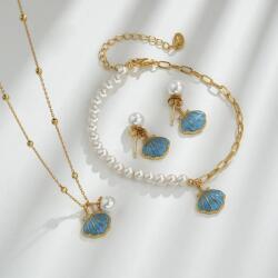 Modart Set cadou 3 bijuterii din argint placat cu aur, bratara cu perle si charm scoica, lantisor bilute si pandantive, cercei, dama, argint 925, pandantiv scoica si perle 3-4 mm, auriu, 8, 36 gr (1472)