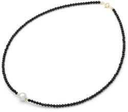 Modart Colier aur la baza gatului cu cristale negre 2x3 mm, perla naturala, bilute aur si inchidere aur 14k, coliere din aur cu perle si cristale, coliere aur si pietre naturale (1544)
