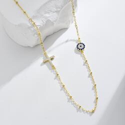 Modart Lantisor simbol deochi si cruce de argint placat cu aur cu cristale si bile, dama, argint 925, cross evil eye, 40+5 cm, auriu, 3, 32 gr (1204)