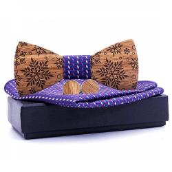 HARAHU Papion din lemn cu batistă și butoni - Maro / Violet KP30457