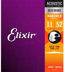 Elixir 11027 NANOWEB Custom Light, Струни за акустична китара 11-52 (NW11-52A)