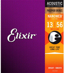 Elixir 16102 NANOWEB Medium, Струни за акустична китара 13-56, Phosphor Bronze (NWPB13-56A)