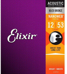 Elixir 11052 NANOWEB Light, Струни за акустична китара 12-53 (NW12-53A)