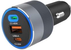 Forcell F-ENERGY Alu autós töltő 1xUSB-A és 2xUSB-C csatlakozással 65W PD QC - szürke