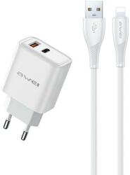 Awei PD81L-EU hálózati töltő 1xUSB-A és 1xUSB-C csatlakozással és USB-A - Lightning kábellel 22.5W GaN - fehér