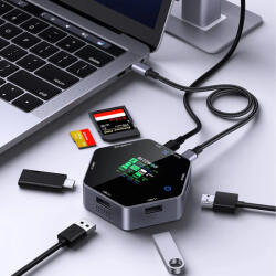 BlitzWolf Blitzwolf BW-TH16 USB HUB dokkoló: LCD kijelző, Type-C USB3.1 Type-C 3.1, HDMI 4K@60Hz, SD/TF Card Slots, 100W PD