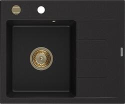 Mexen Ben, 1 kamrás gránit mosogató 600x500x190 mm, bal + arany szifon, fekete, 6522605000-77-G (6522605000-77-G)