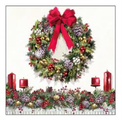 AMBIENTE Szalvéta 1db 25x25cm BOW ON WREATH, Karácsonyi ajtókoszorú (AMB.32516550)