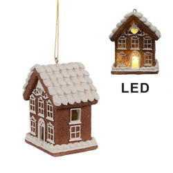 Clayre & Eef Mézeskalács házikó 8x6x10cm, LED-es műanyag karácsonyi függődísz