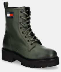 Tommy Jeans bocanci de piele TJW URBAN LACE UP BOOT femei, culoarea verde, cu toc plat, EN0EN02628 9BYH-OBD1RB_91X (EN0EN02628)