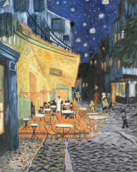  Kifestő készlet vászonra, akrilfestékkel, ecsettel, felnőtteknek - 28x36 cm - Kávéházi terasz (Van Gogh: Éjjeli terasz, 1888)
