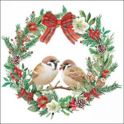 Ambiente Karácsonyi koszorús - madaras szalvéta - 25x25 cm - Sparrow in wreath (VR-32518870)