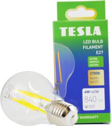 TESLA Tesla Filament A class, E27, 4W, 840lm, 2700K meleg fehér, 360°, átlátszó, 230V, 25000 óra (BL270427-A1)