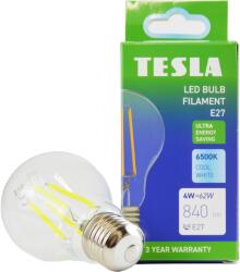 TESLA Tesla Filament A class, E27, 4W, 840lm, 6500K hideg fehér, 360°, átlátszó, 230V, 25000 óra (BL270465-A1)