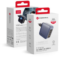Forcell hálózati GAN gyorstöltő, USB C + USB A - 4A 100W PD + Quick Charge 4.0 funkcióval, kék