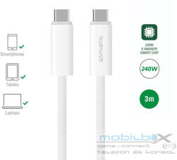 4smarts PremiumCord USB / USB-C töltő- és adatkábel, 240W, 3m, fehér
