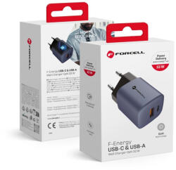 Forcell hálózati GAN gyorstöltő, USB C + USB A - 3A 33w PD + Quick Charge 4.0 funkcióval, kék