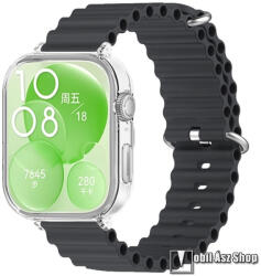 Okosóra szilikon szíj és műanyag tok (bumper) - csőszerkezetes struktúra, rugalmas, csatos - FEKETE / ÁTLÁTSZÓ TOK - 240mm hosszú - HUAWEI Watch Fit 3