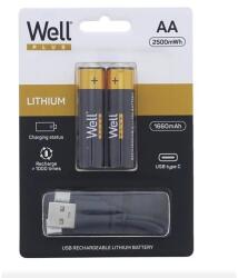 Well akku elem, USB-C kábellel újratölthető, ceruza (AA) 1660mAh, 2db/Cs ACCU-14500/166C-BL2-WL (ACCU-14500/166C-BL2-WL)