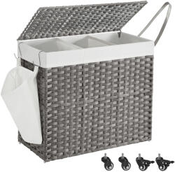 SONGMICS Kézzel fonott rattan stílusú szennyeskosár 3 rekesszel 160L, szürke (LCB365G01)