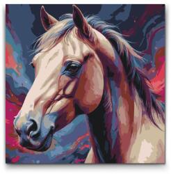  Festés számok szerint - Ló vörös és kék árnyalatokban Méret: 50x50cm, Keretezés: Kerek keret