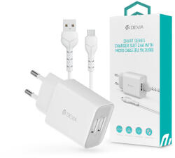 DEVIA Smart 2xUSB hálózati töltő adapter + USB - micro USB kábel 1 m-es vezetékkel - Devia Smart Series Charger Suit With Micro Cable - 5V/2.4A - fehér (ST364020)