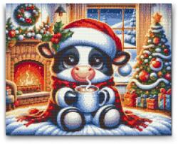  Gyémántszemes kirakó - Karácsonyi tehén és egy csésze kávé Méret: 40x50cm, Keretezés: Műanyagtáblával, Gyémántok: Négyzet alakú