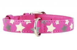 COLLAR Reflectorizantă, zgardă din piele cu steluţe, roz 19 - 25 cm, 12 mm