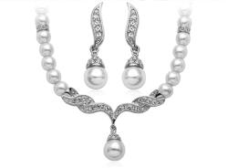EVNC Set colier si cercei, argintiu, cu perle si pietre, EVNC, Shiny Pearls (C1004)