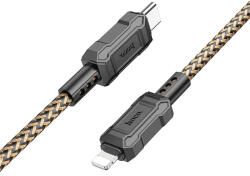  USB Type-C töltő- és adatkábel, Lightning, 100 cm, 2400mA, 20W, törésgátlóval, gyorstöltés, PD, QC, cipőfűző minta, Hoco X94 Leader, arany