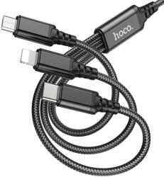 USB töltő- és adatkábel 3in1, USB Type-C, Lightning, microUSB, 100 cm, 2000 mA, gyorstöltés, cipőfűző minta, Hoco X76 Super, fekete - tok-shop