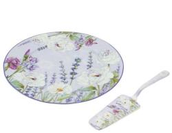 Home Elements Levendulás porcelán süteményes tál tortalapáttal - díszdobozos (IMO-TCO-LAVENDER0086)