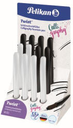 Pelikan Stilou twist caligrafie penita 1.5 mm, grip ergonomic, 1 rezerva albastra inclusa, 2 culori alb/negru, display 12 buc (606868)
