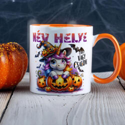 Deconline Customs Egyedi neves Halloweeni bögre Cuki Unikornisos, személyre szabható 330 ml Narancssárga (DO126188-ORANGE-MUG)