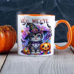 Deconline Customs Egyedi neves Halloweeni bögre Cuki cicás, személyre szabható 330 ml Narancssárga (DO126185-ORANGE-MUG)