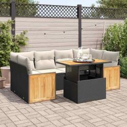 vidaXL 7 részes fekete polyrattan akácfa kerti ülőgarnitúra párnával (3327675)