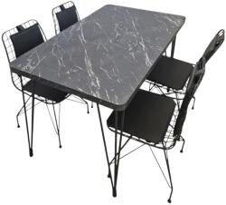 Seloo Set masa fixa , blat desen marmura neagra cu 4 scaune metalice negre
