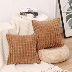 MANDIOO Fețe perna decorative 65x65cm, set 2 buc, din blană artificială de plus, textură în carouri, maro Lenjerie de pat