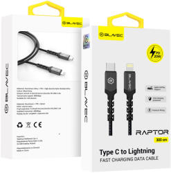 Blavec Cable Raptor fonott - Type C to Lightning - PD 20W 2, 4A 3 méter (CRA-CL24BG30) fekete-szürke